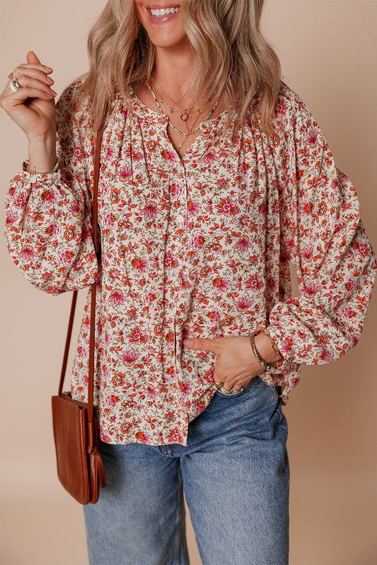 Red Floral Print Puff Sleeve Notched Neck Blouse – Women's Pleated Spring Top
