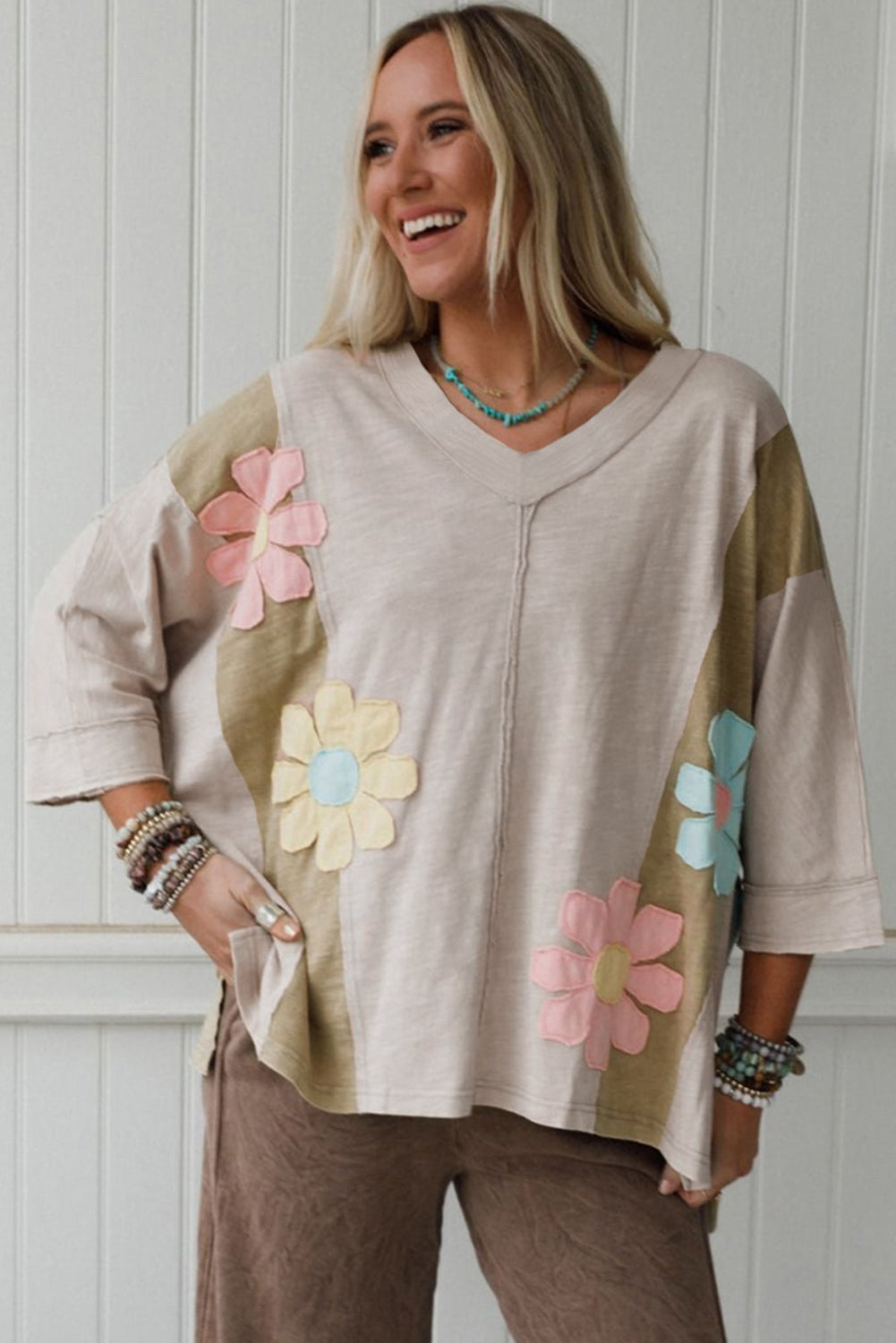 Flower Patched Exposed Seam Bracelet Sleeve Oversized T-Shirt