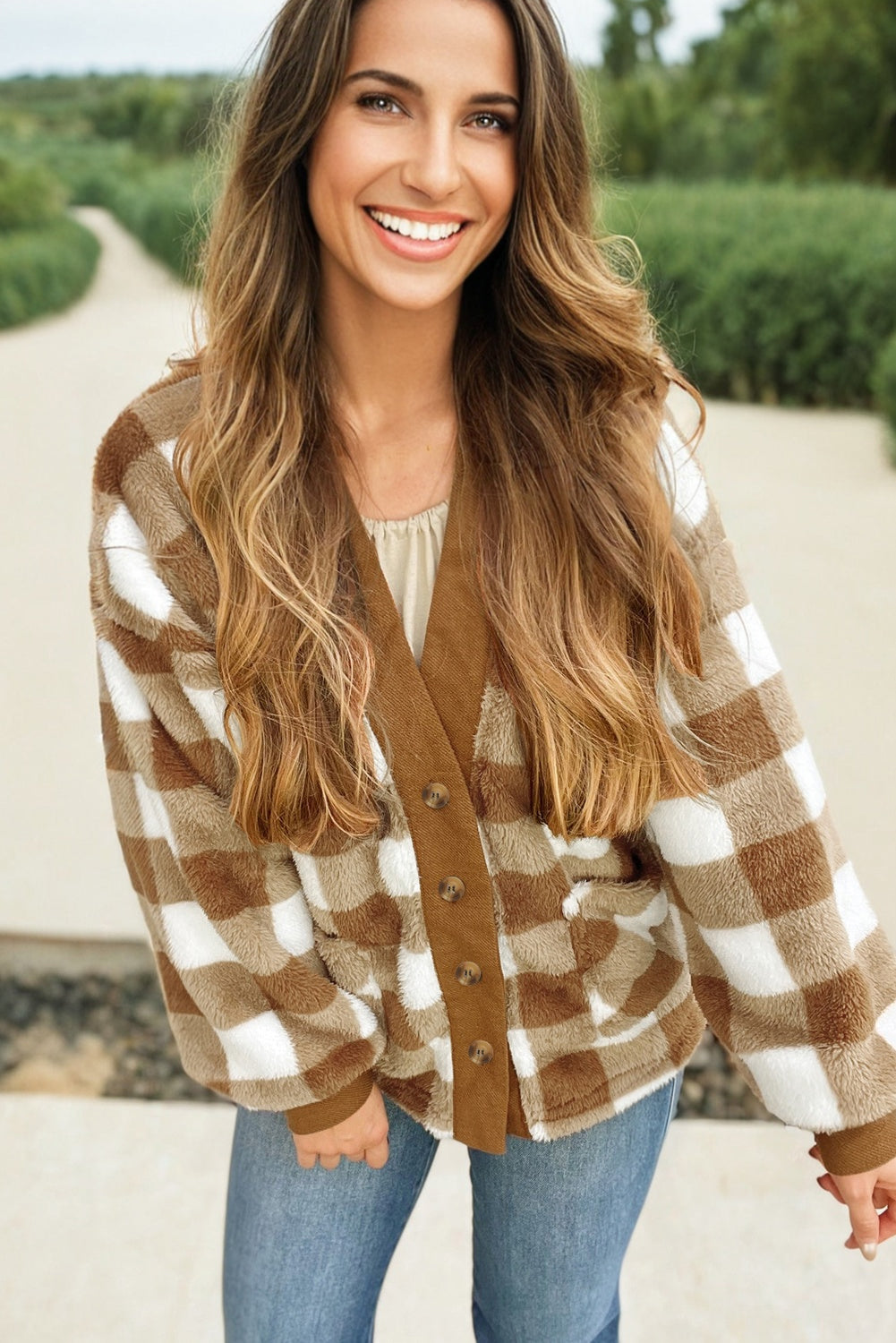 Checkered Sherpa Loose Knit Cardigan with Pockets