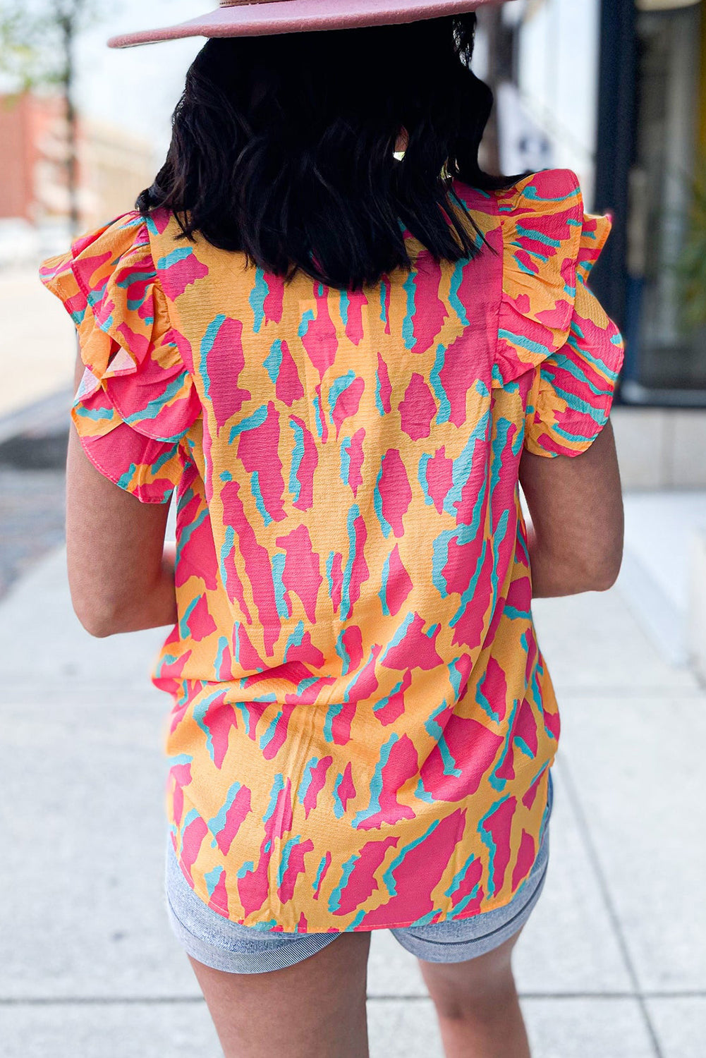 Abstract Print V-Neck Double Ruffle Sleeve Blouse