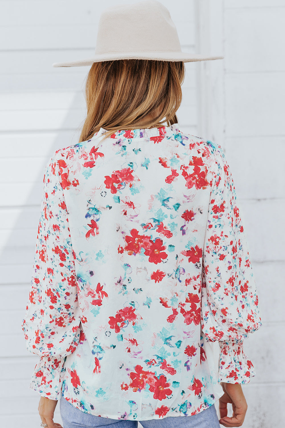 Floral Smocked Sleeve Ruffle Neck Blouse.  S-2x