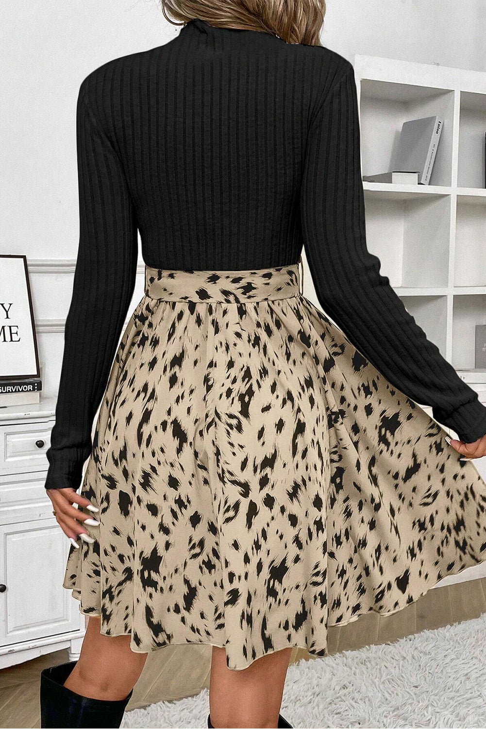 Black Ribbed Knit Patchwork Printed Belted A-Line Dress