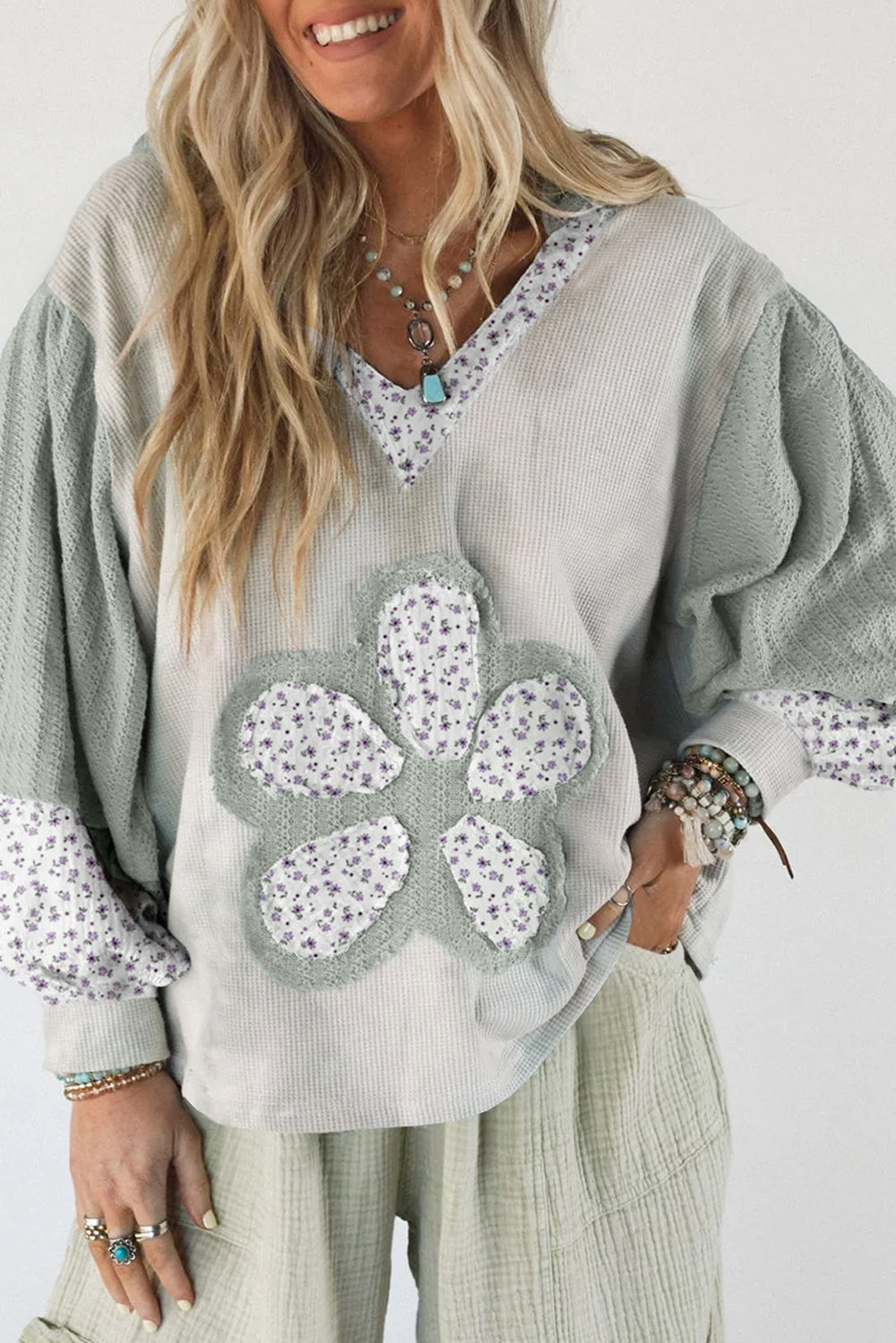 Floral Patch Waffle Texture Colorblock V-Neck Hoodie Top