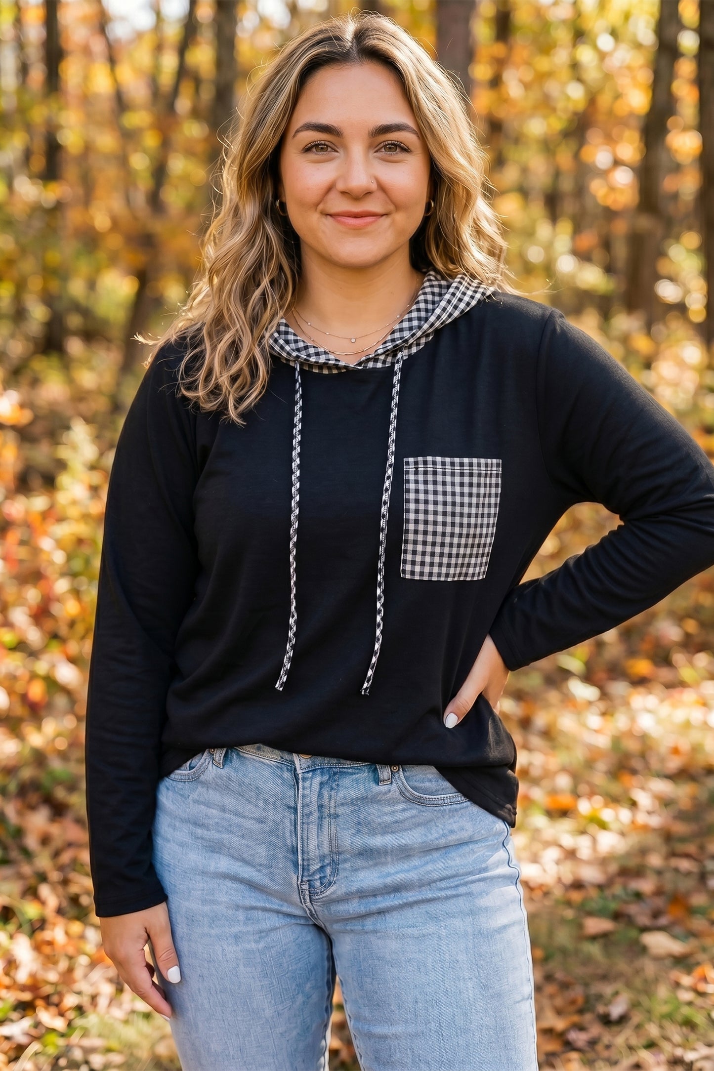 Women's Plus Size Black Hooded Checkered Print Long Sleeve Shirt 1X to 4X