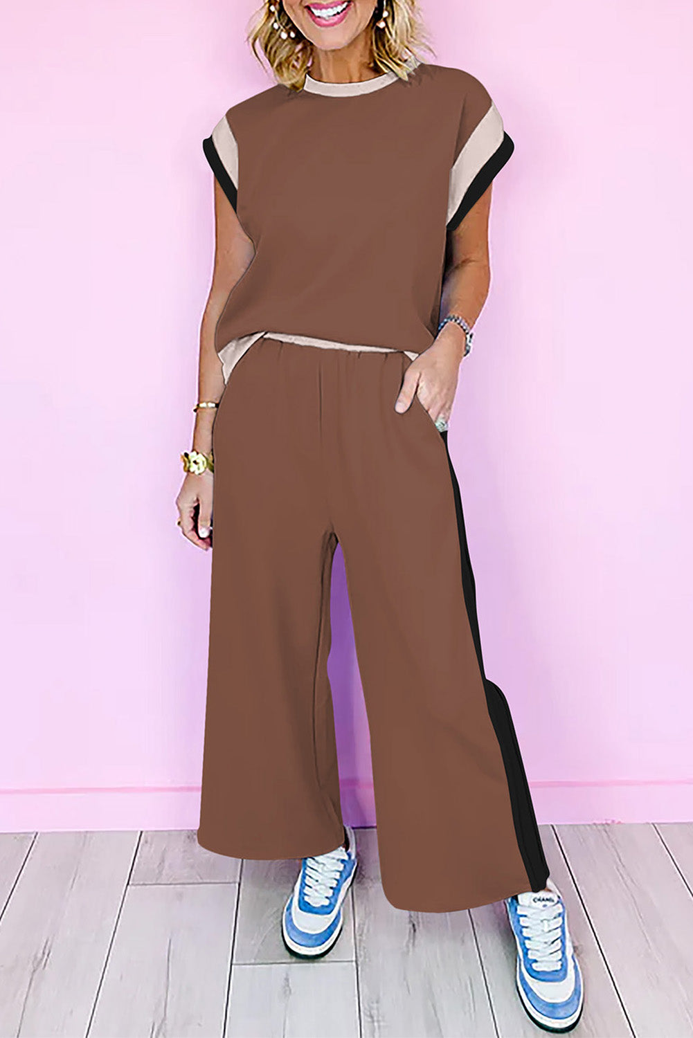 Color Block Crew Neck Cap Sleeve Top & Ankle Wide Leg Pants Set | S–2XL | 7 Colours