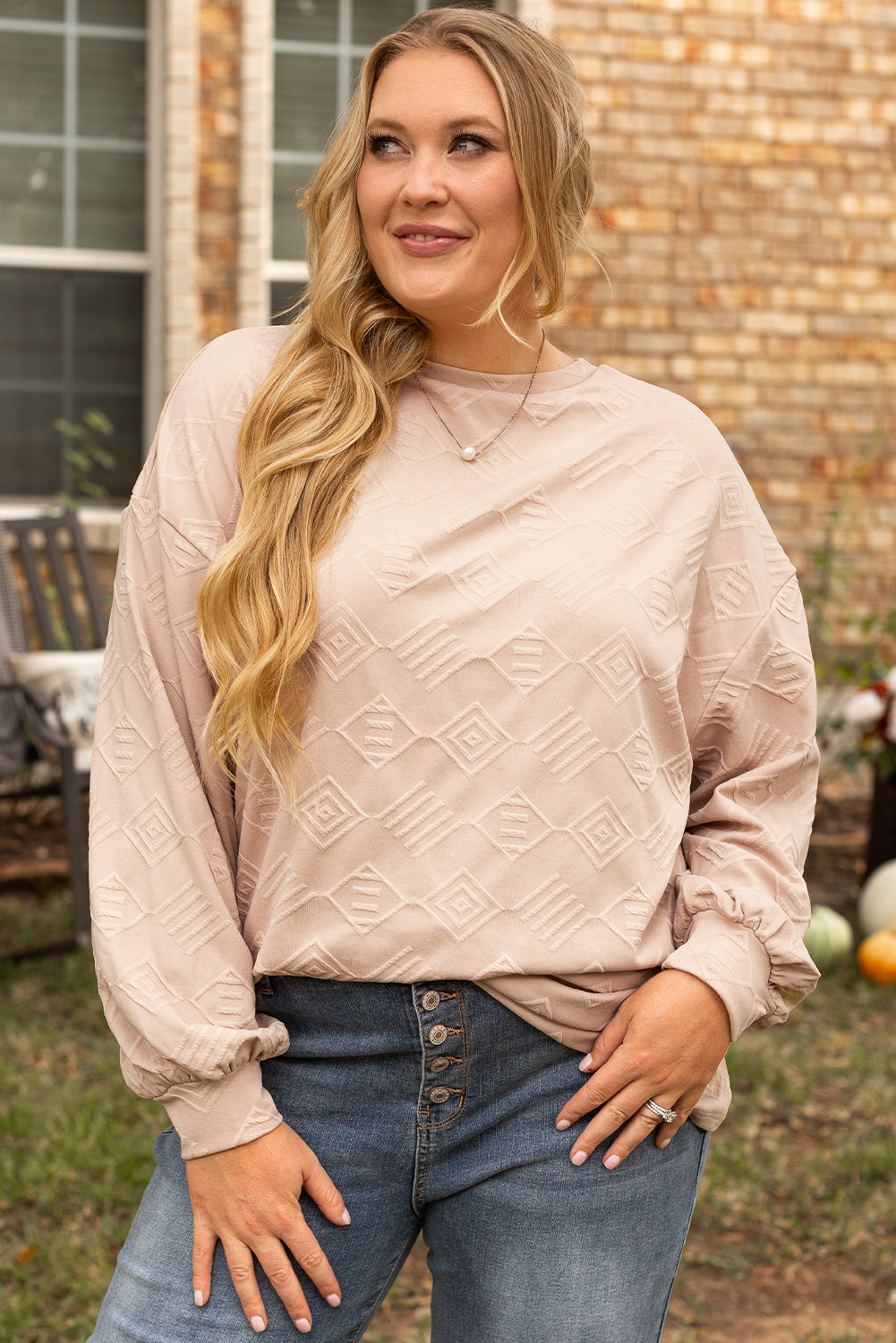 Textured Drop Shoulder Crew Neck Sweatshirt | Plus Size | Cream | 1X–4X
