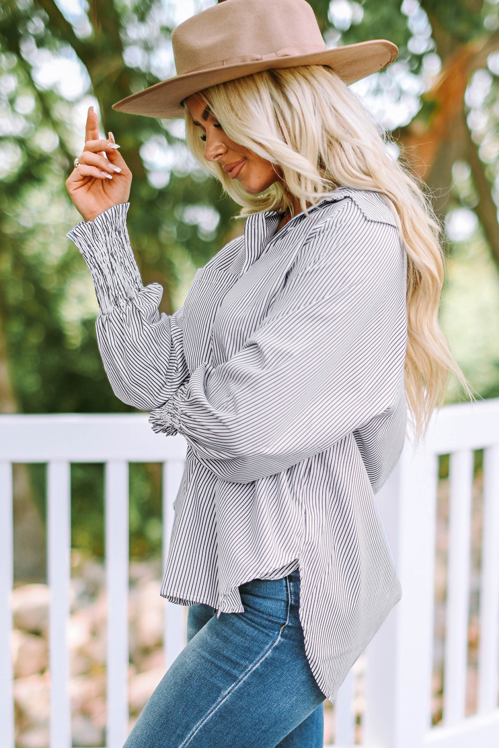 Smocked Cuff Striped Boyfriend Shirt.  S-2x
