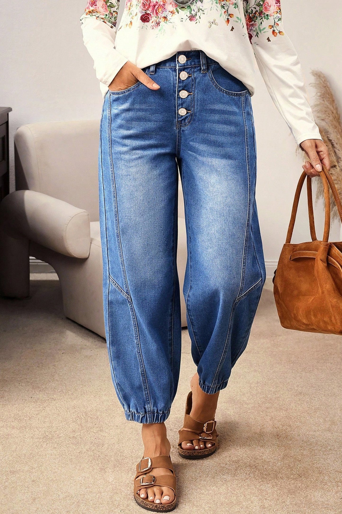 Tapered Relaxed-Fit Jeans with Elastic Cuffs | Blue