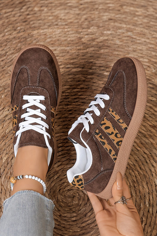 Leopard Patchwork Faux Suede Lace-Up Sneakers | Coffee