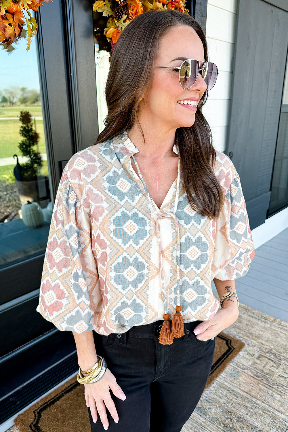 Khaki Aztec Geometric Print Tassel Tie Split Neck Balloon Sleeve Blouse – Women's Boho Western Statement Top (S–XL)