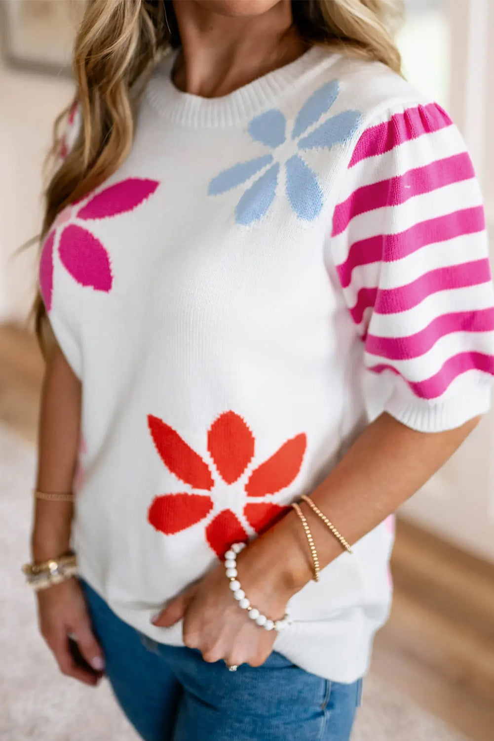 White Floral Pattern Striped Sleeve Sweater T-Shirt