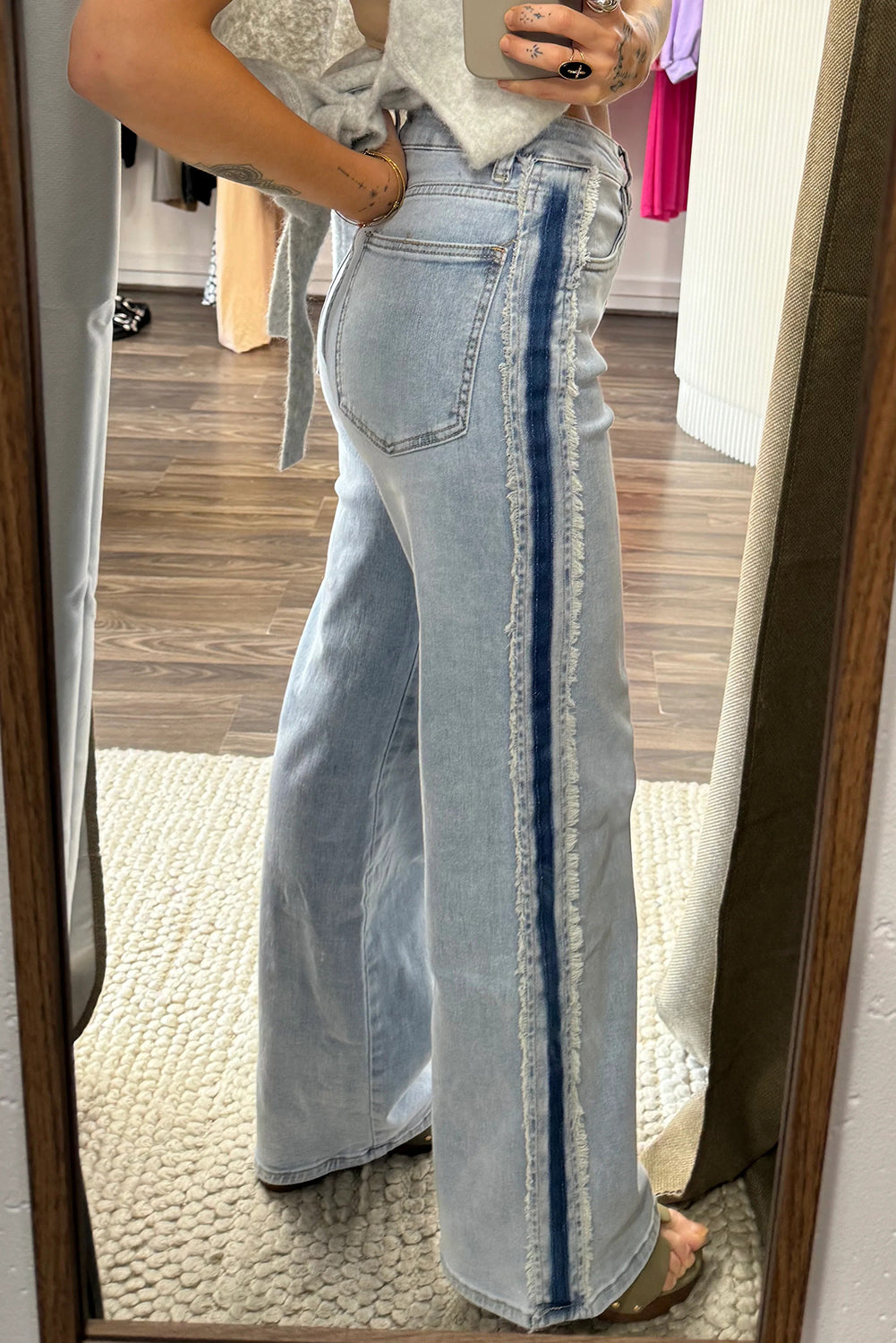 Blue Contrast Stripe Frayed Side Panel Patchwork Shift Jeans