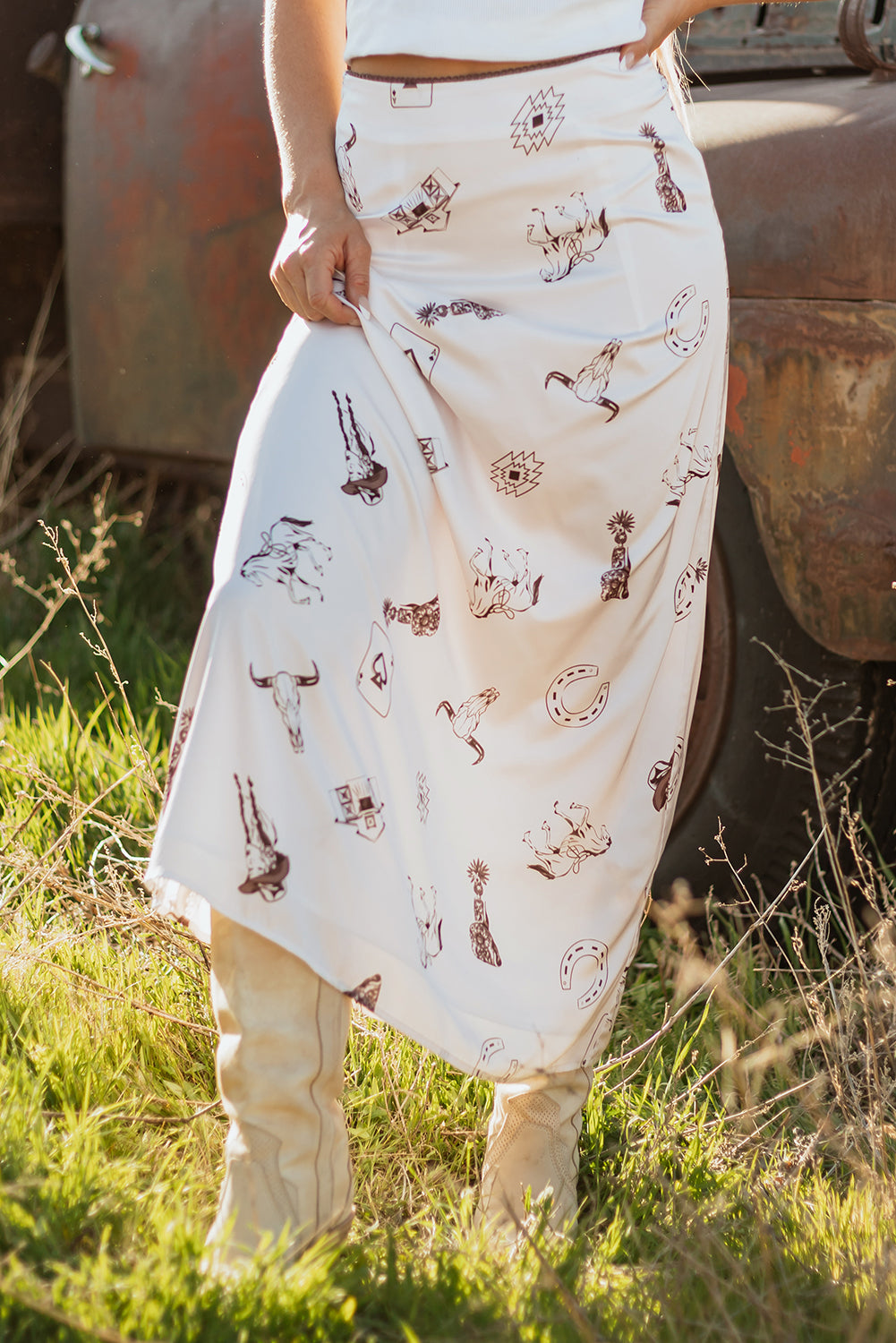Navy Blue Western Print Satin Long Skirt