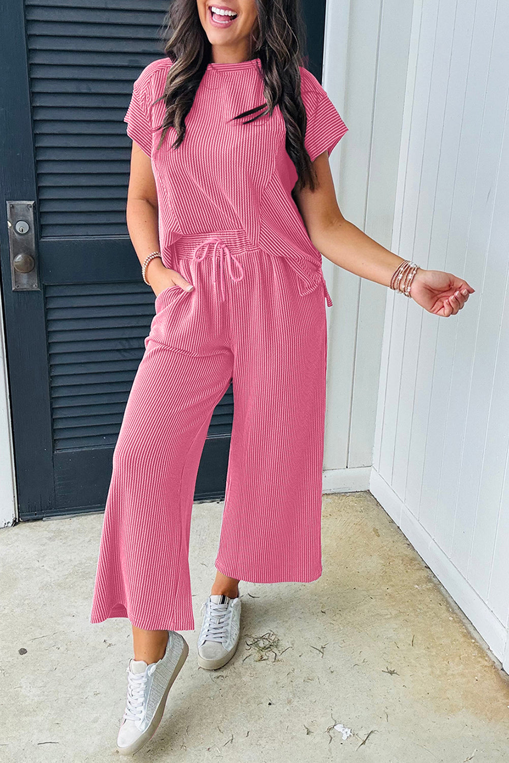 Corded Knit Short-Sleeve Tee & Wide-Leg Pants Set | Bright Pink