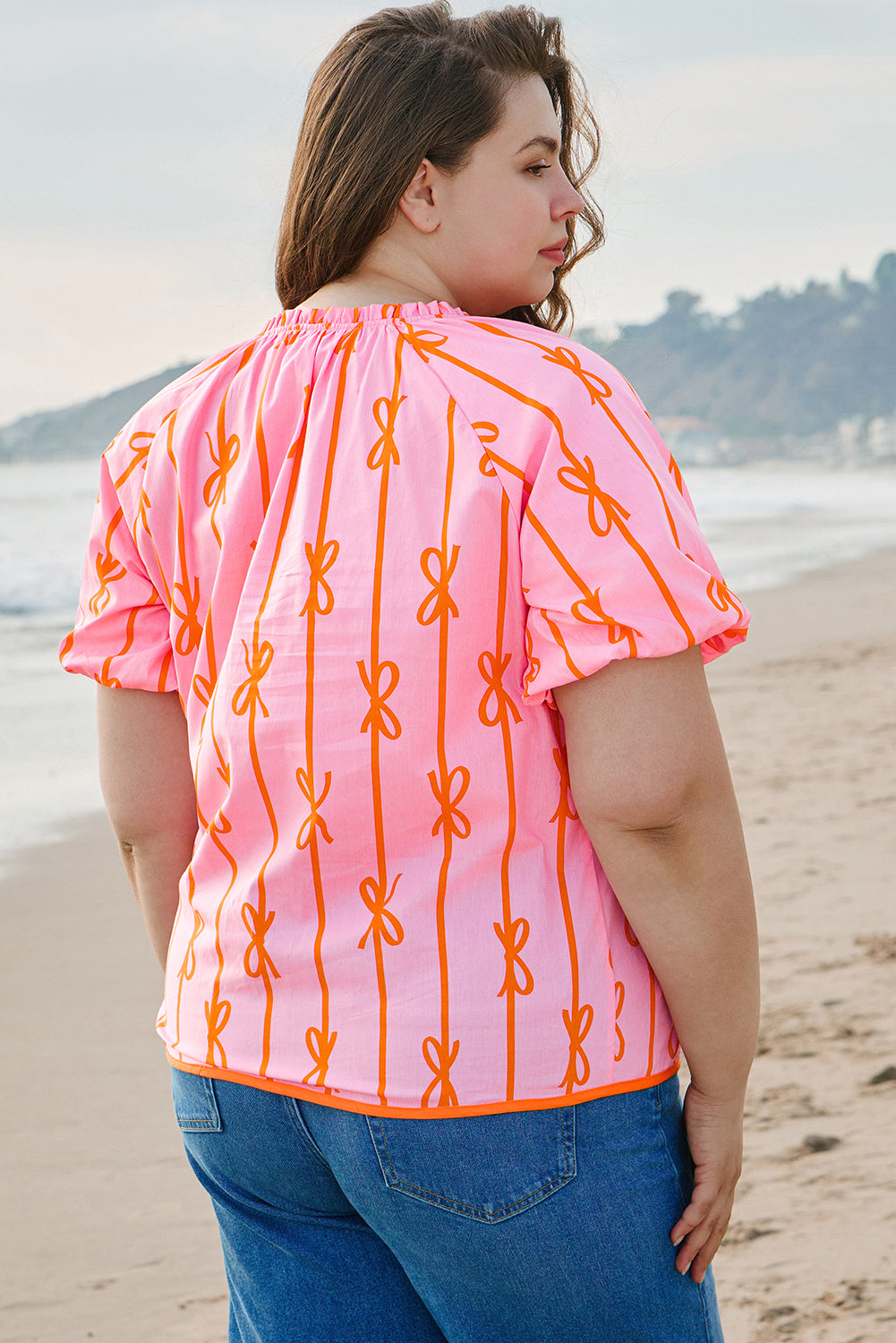 Bow Print Shirred Puff Sleeve V-Neck Blouse – Pink Plus Size 1X–4X