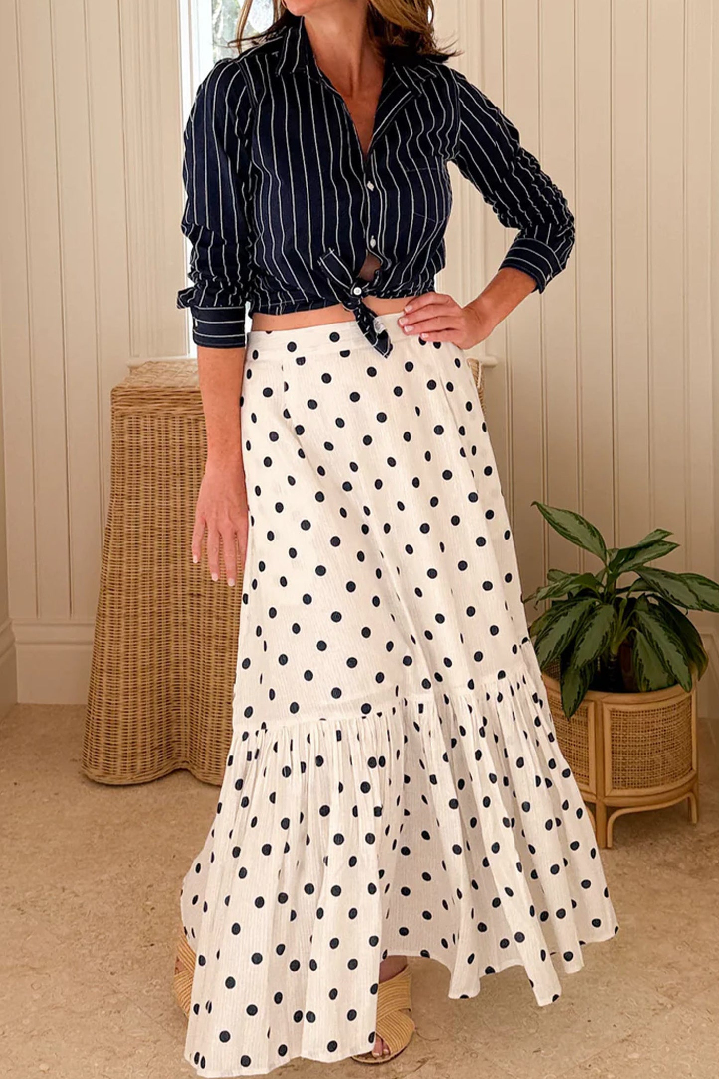 White Polka Dot Ruffle Maxi Skirt Women S–XL