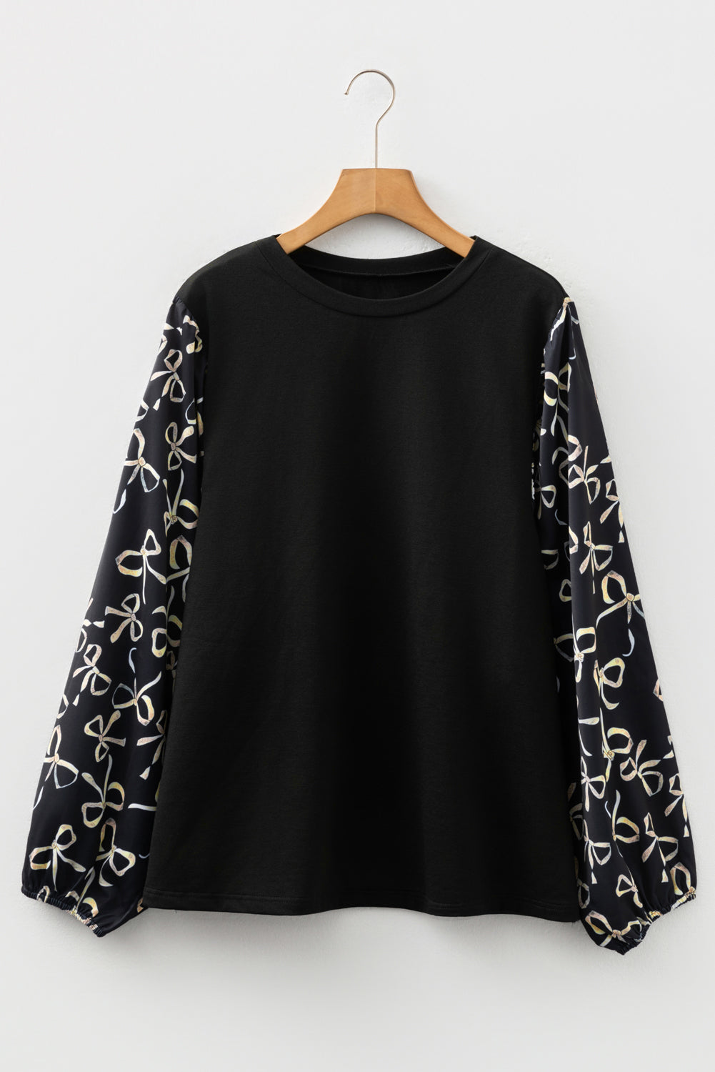 Bow Print Satin Balloon Sleeve Knit Patchwork Blouse | Plus Size | Black | 1X–4X