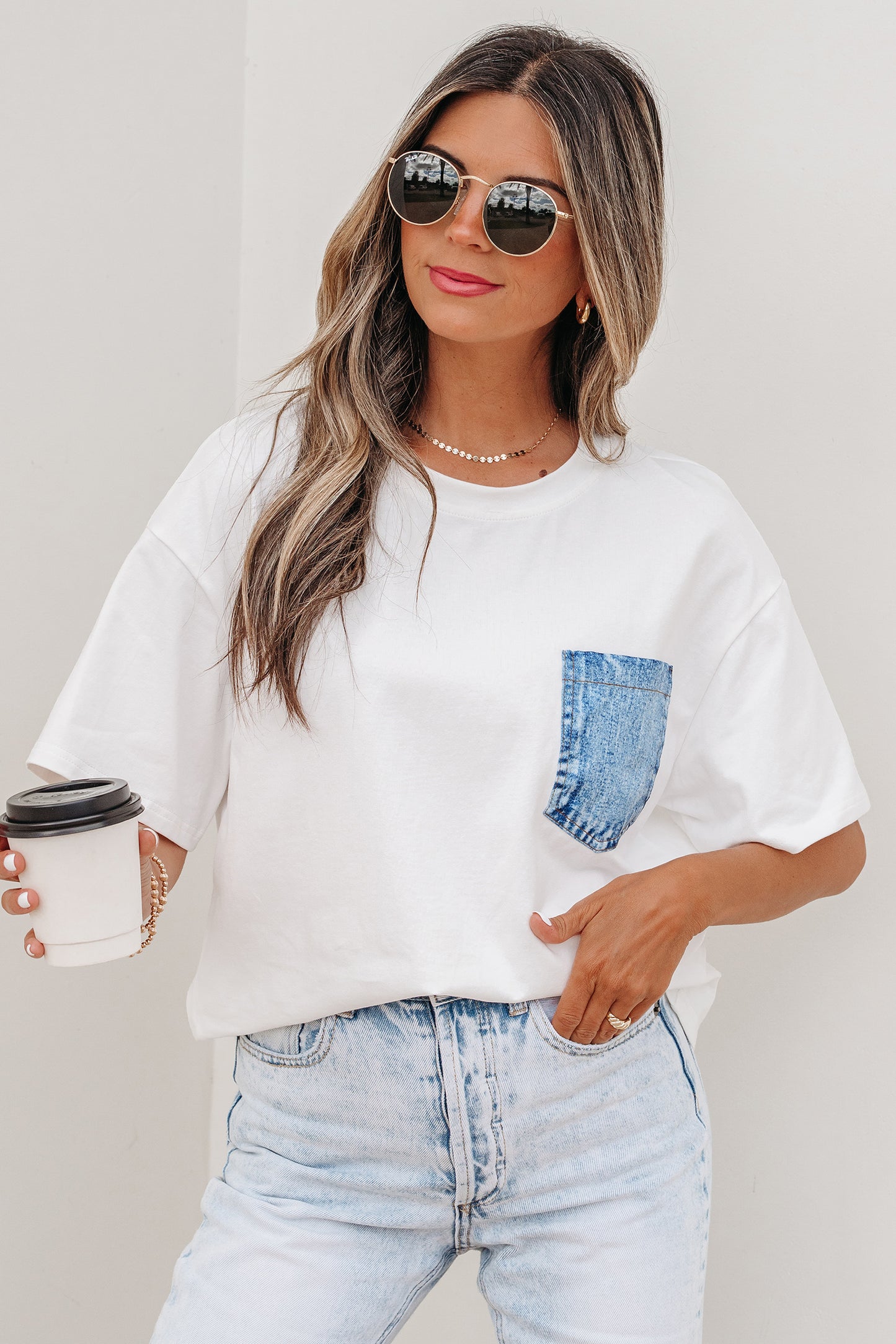 Color Block Short-Sleeve Top with Printed Patch Pocket | Sail Blue & White