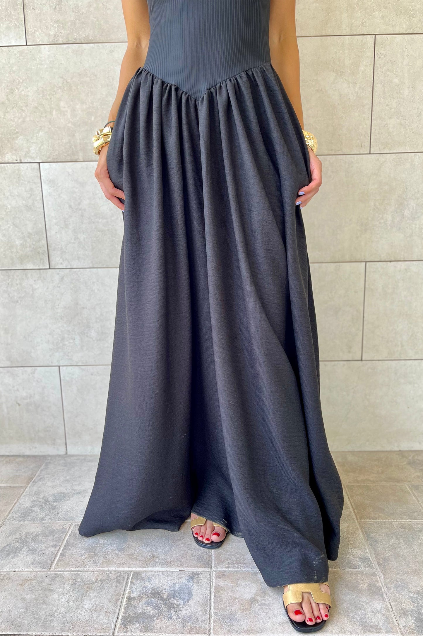 Black Ribbed Spaghetti Strap Maxi Dress Women S–XL