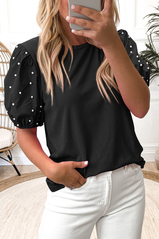 Ribbed Pearl Beaded Puff Sleeve Top | S–XL | Black, Bright Pink & Bright Green
