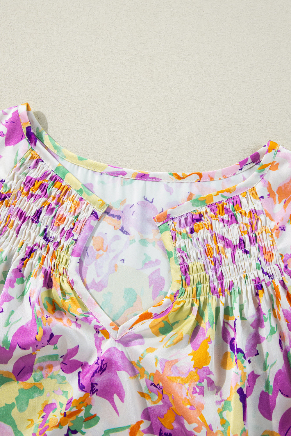 Purple Abstract Print Ruffled Flutter Sleeve Smocked Notched Neck Blouse – Women's Feminine Top (S–XL)