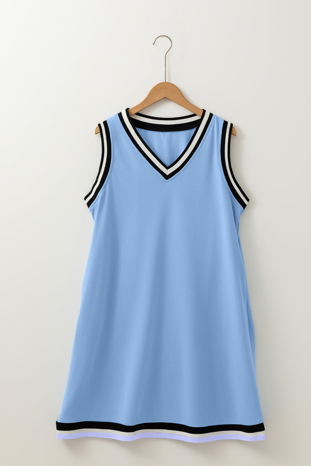 Contrast Stripe Trim V-Neck Sleeveless Shift Mini Dress in Sky Blue