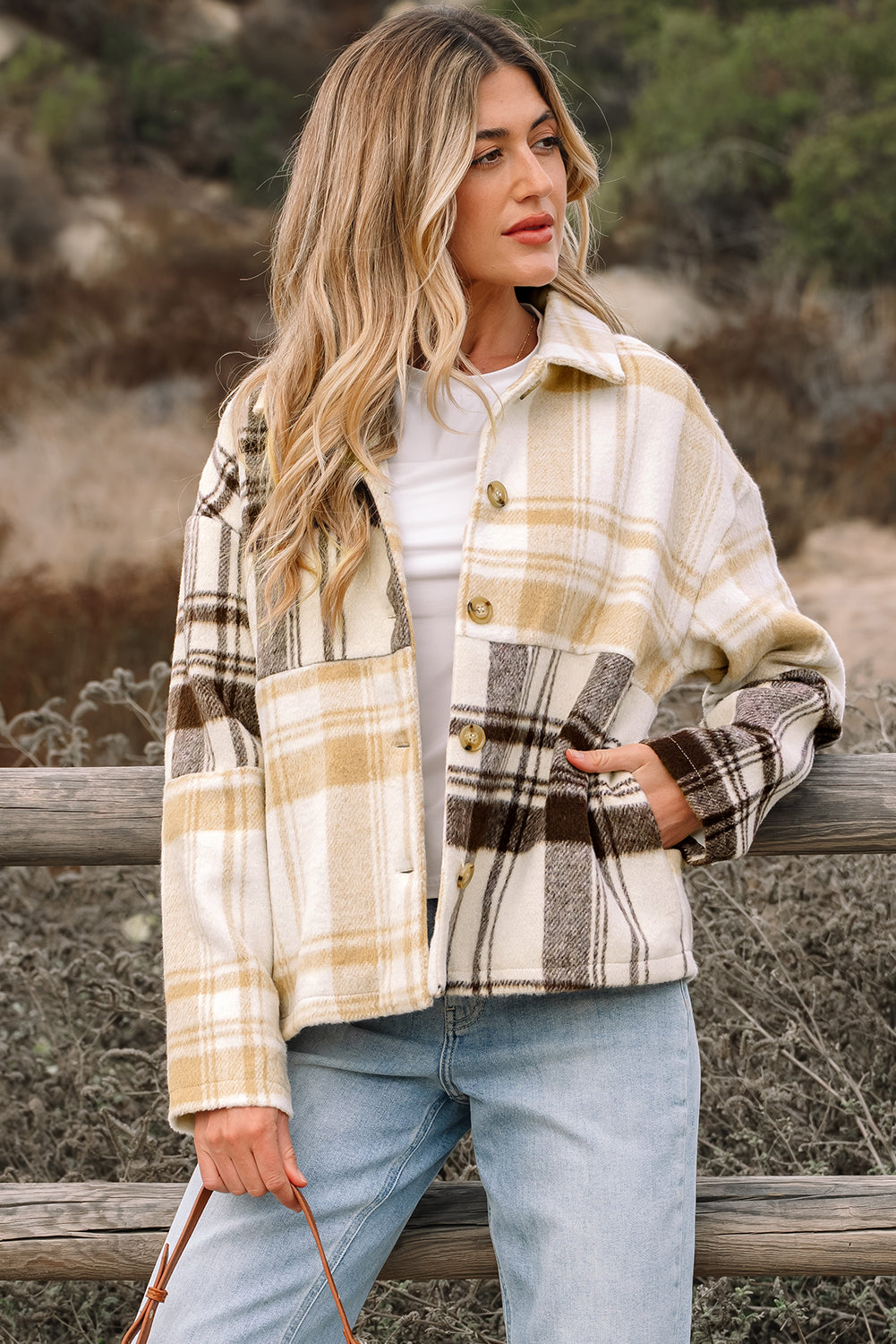 Multicolour Plaid Patchwork Buttoned Shacket with Side Pockets