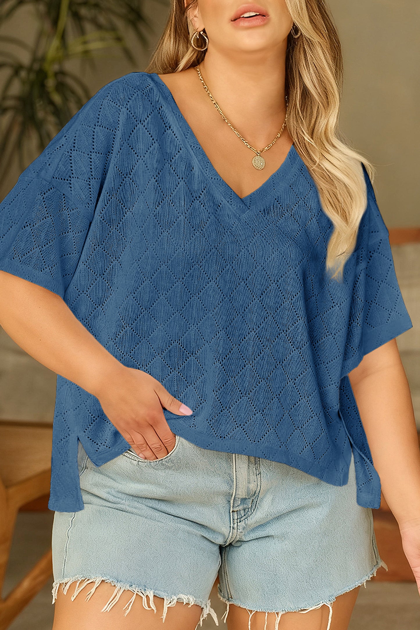 Lightweight Knit V-Neck Short Sleeve Top – Plus Size Black Light Pink Beige Blue L–4X