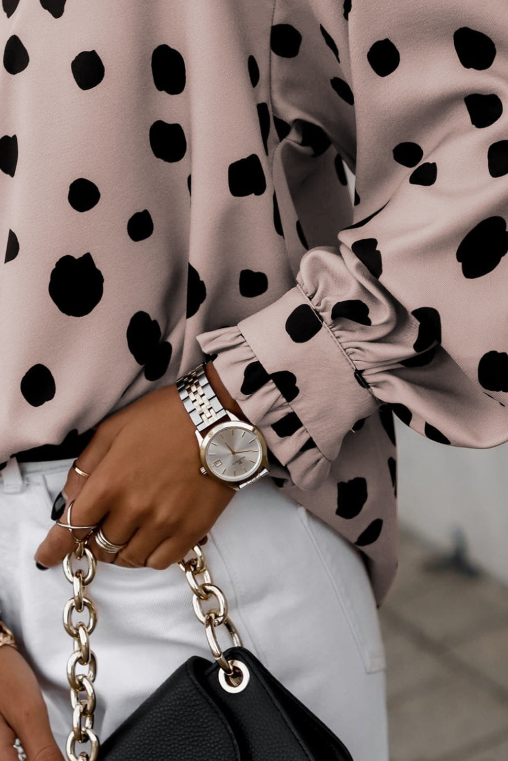 Blush Pink Polka Dot Puff Sleeve Frill Cuff Oversized Blouse