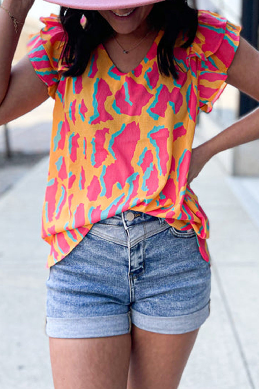 Abstract Print V-Neck Double Ruffle Sleeve Blouse