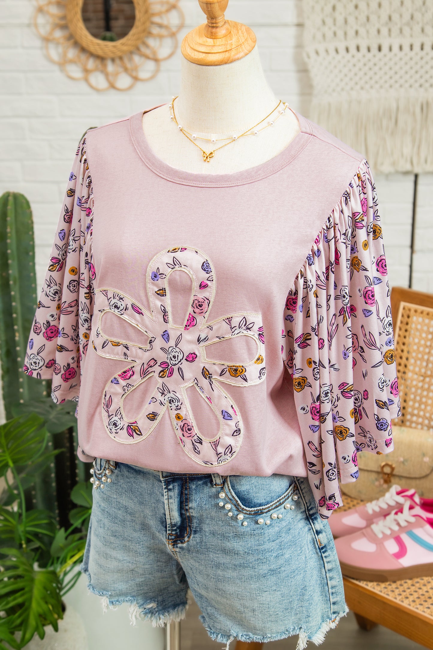 Pink Floral Patchwork Flowy Half Sleeve Blouse | Women S–XL