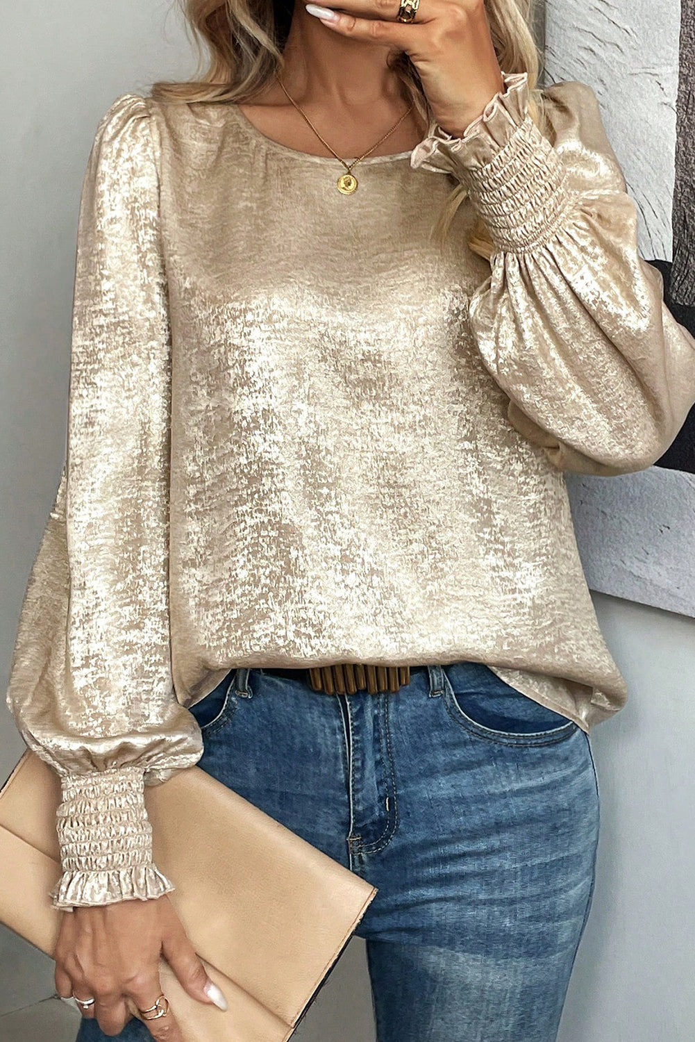 Metallic Shimmer Smocked Balloon Sleeve Blouse