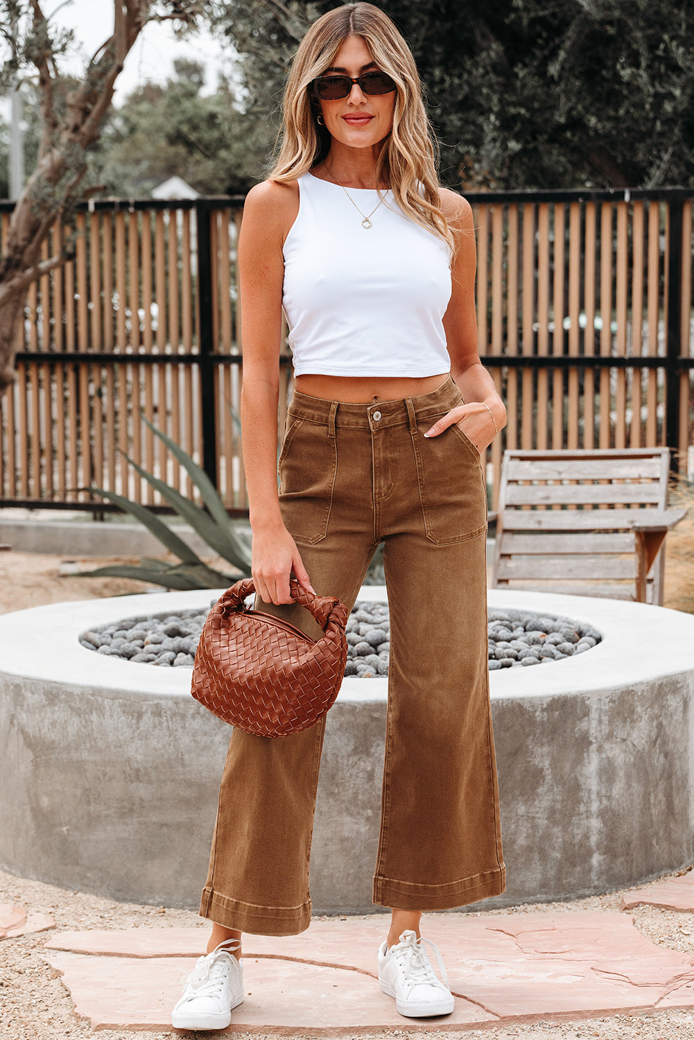 Cropped High Rise Wide Leg Jeans in Breen