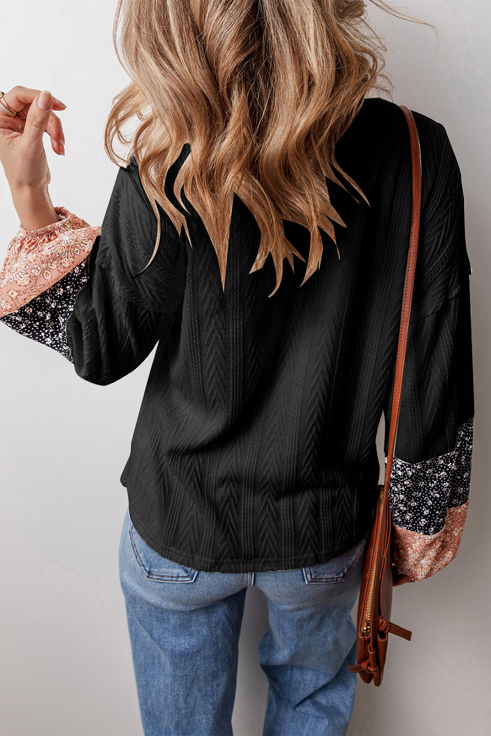 Floral Patchwork Textured Knit Drawstring V-Neck Blouse