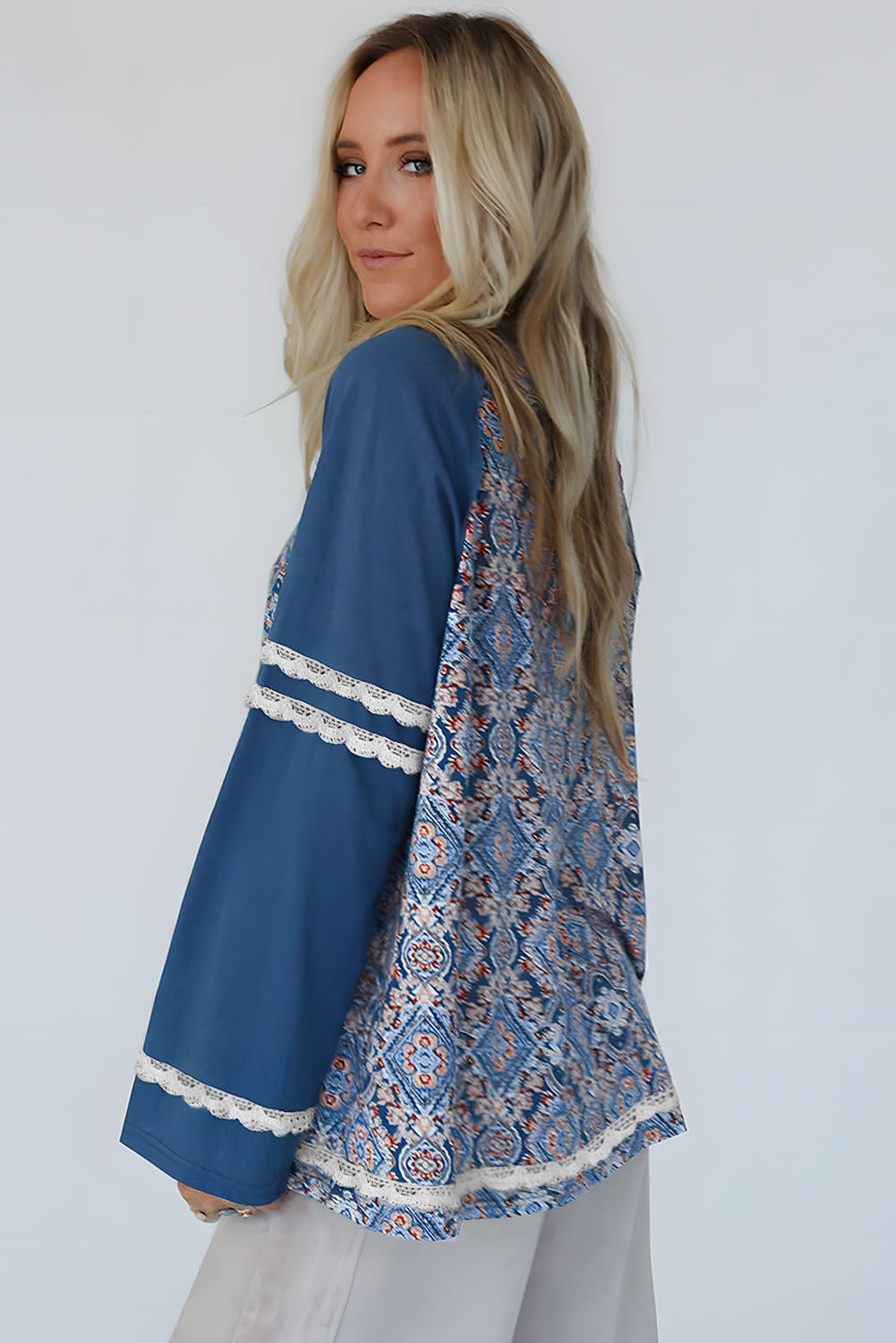 Blue Geometric Print Ric-Rac Lace Patchwork Raglan Long Sleeve Top – Women's Boho Western Pullover (S–XL)