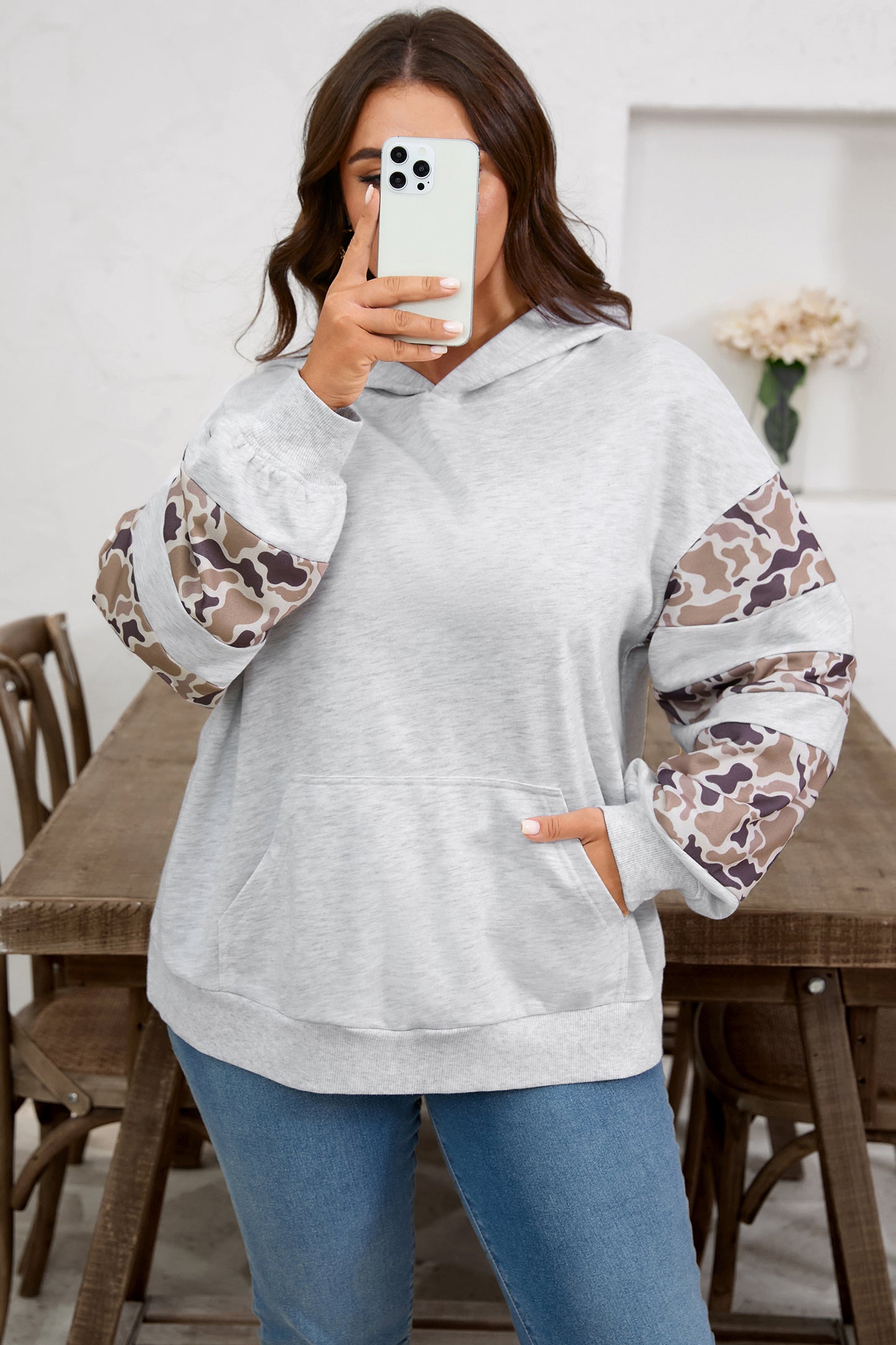 Camo Patchwork Asymmetric Sleeve Hoodie | Plus Size | Light Grey | 1X–4X