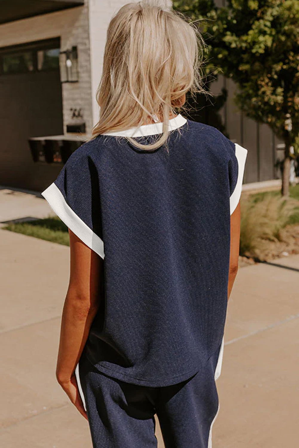 Navy Blue & Black Color Block Pocketed Cap Sleeve Tee Wide Leg Pants Set