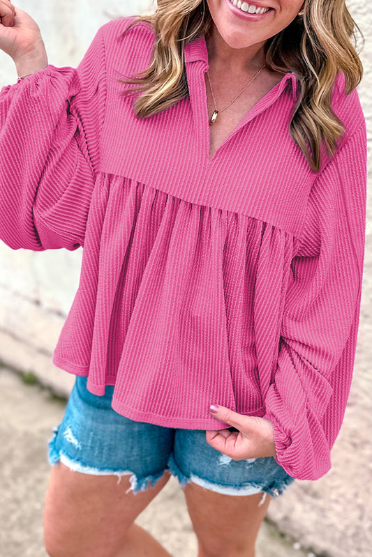 Corded Bubble Sleeve V-Neck Babydoll Blouse – Bright Pink & Tan Women S–2XL