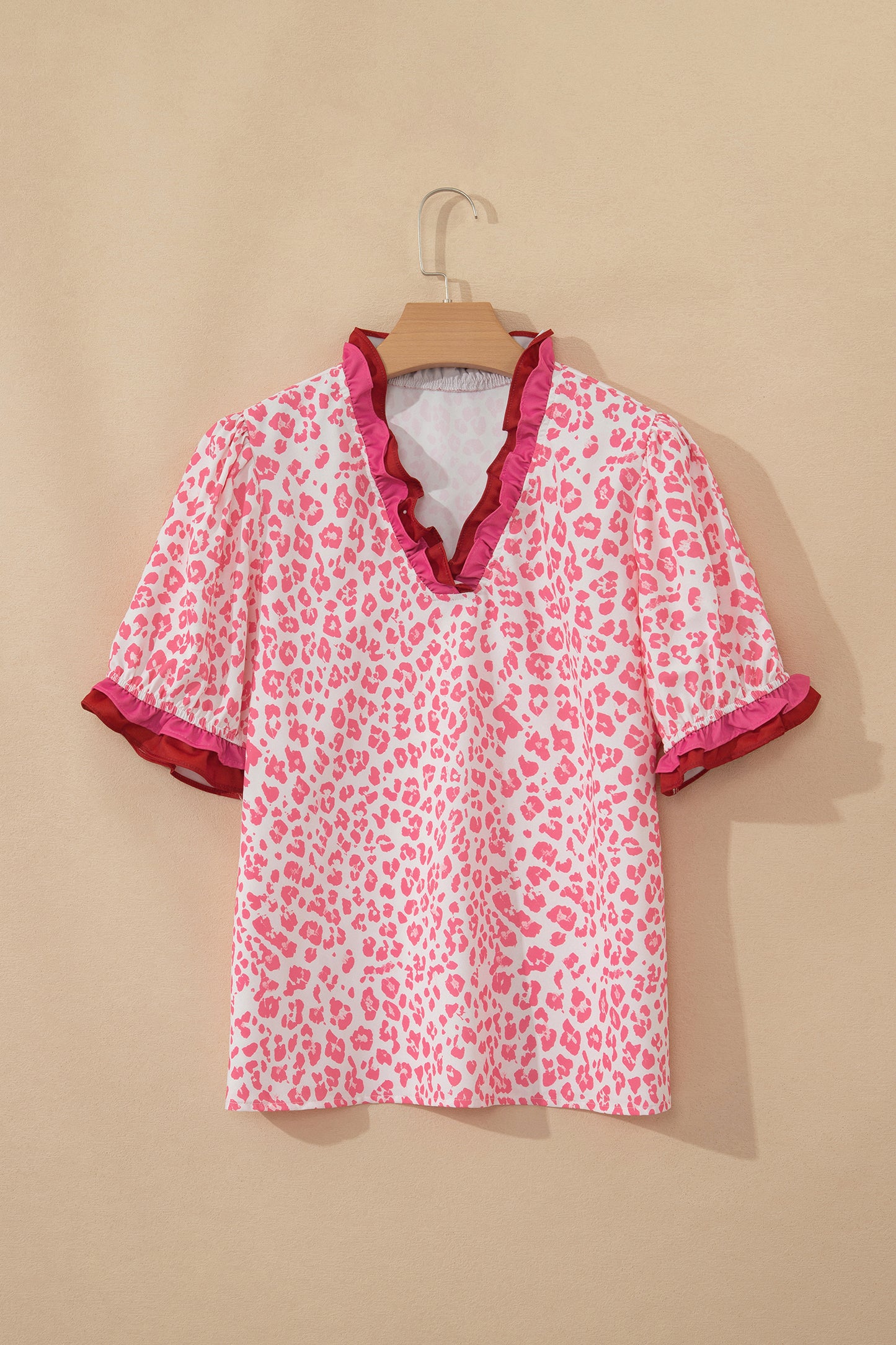 Leopard Print Ruffle Trim V-Neck Blouse