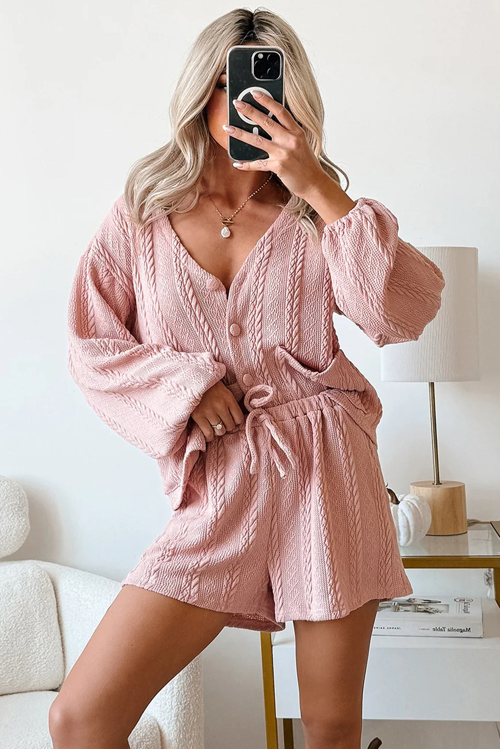 Pink Cable Knit V-Neck Cardigan and Shorts Set