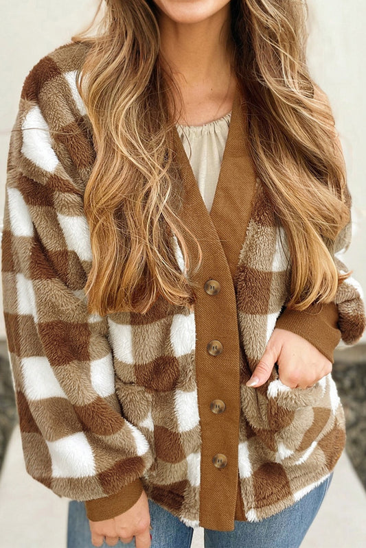 Checkered Sherpa Loose Knit Cardigan with Pockets