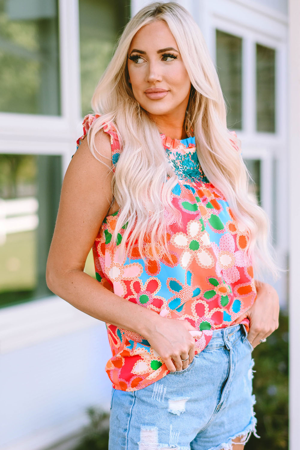Pink Embroidered Floral Print Ruffle Trim Tank Top