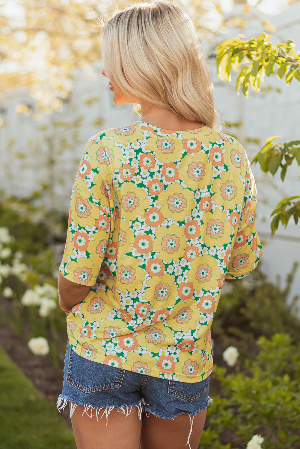 Yellow Flower Print Drop Shoulder Loose T-Shirt – Women's Casual Summer Top (S–XL)