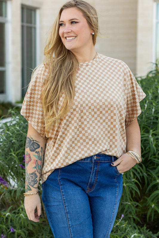 Plus Size Checkerboard Batwing Sleeve Round Neck Tee