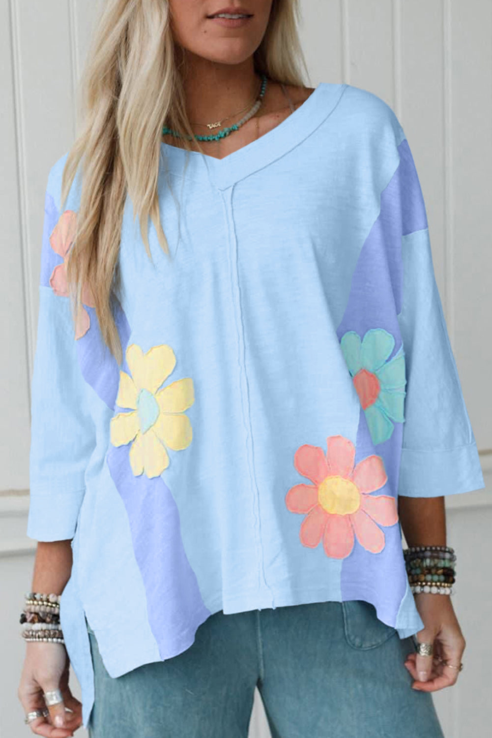 Flower Patched Exposed Seam Bracelet Sleeve Oversized T-Shirt