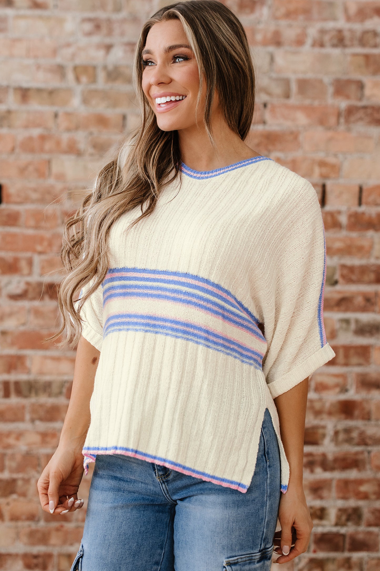 White Contrast Striped V-Neck Dolman Sleeve Ribbed Knit Oversized Tunic Sweater with Side Slits