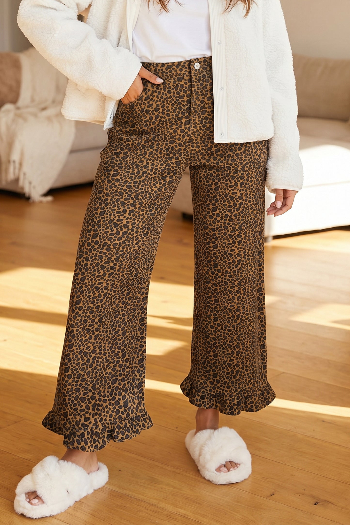 Womens Leopard Print Ruffled Hem Flare Jeans S–XL