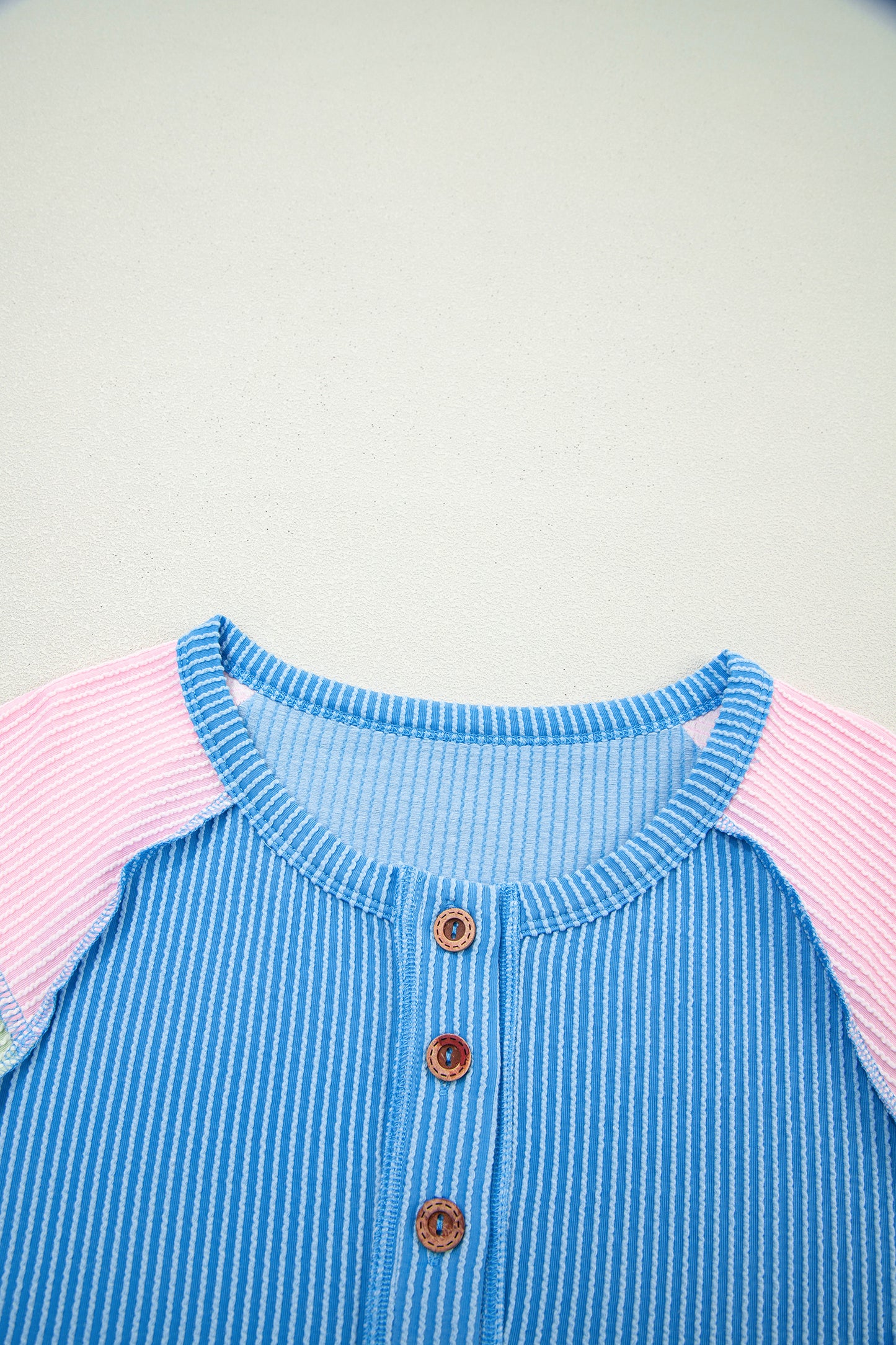 Twisted Ribbed Colorblock Patchwork Henley Short Sleeve Tee
