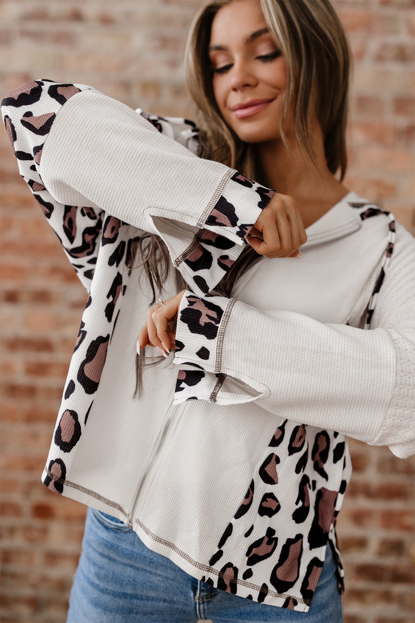 Leopard Contrast Patchwork Zip-Up Drop Shoulder Hoodie in Cream