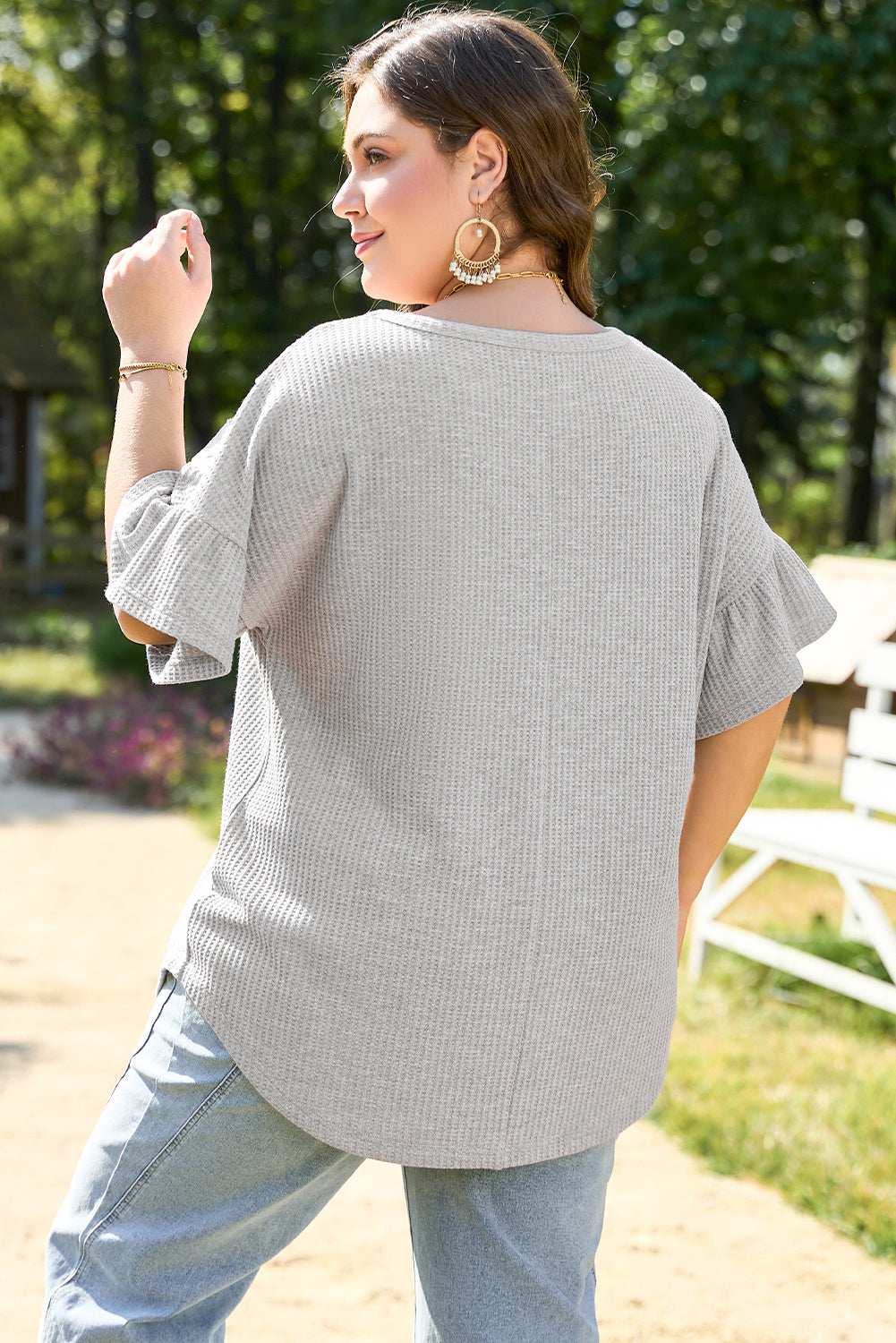 Plus Size Light Grey Waffle Knit Ruffle Top Women 1X–4X